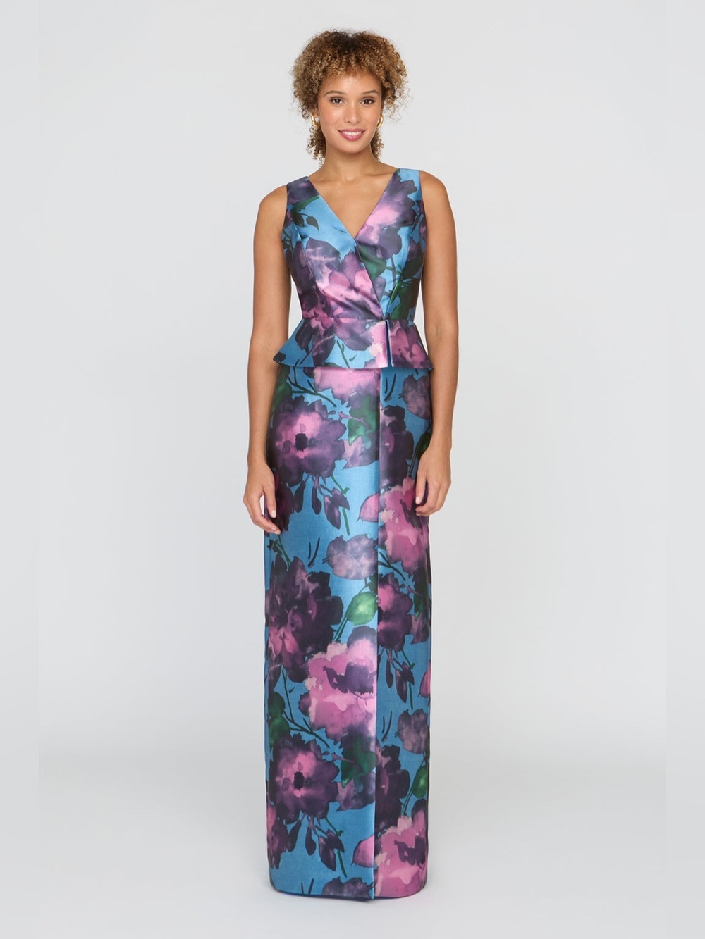 new Kay Unger Celeste column gown in spring aqua multi blue floral print